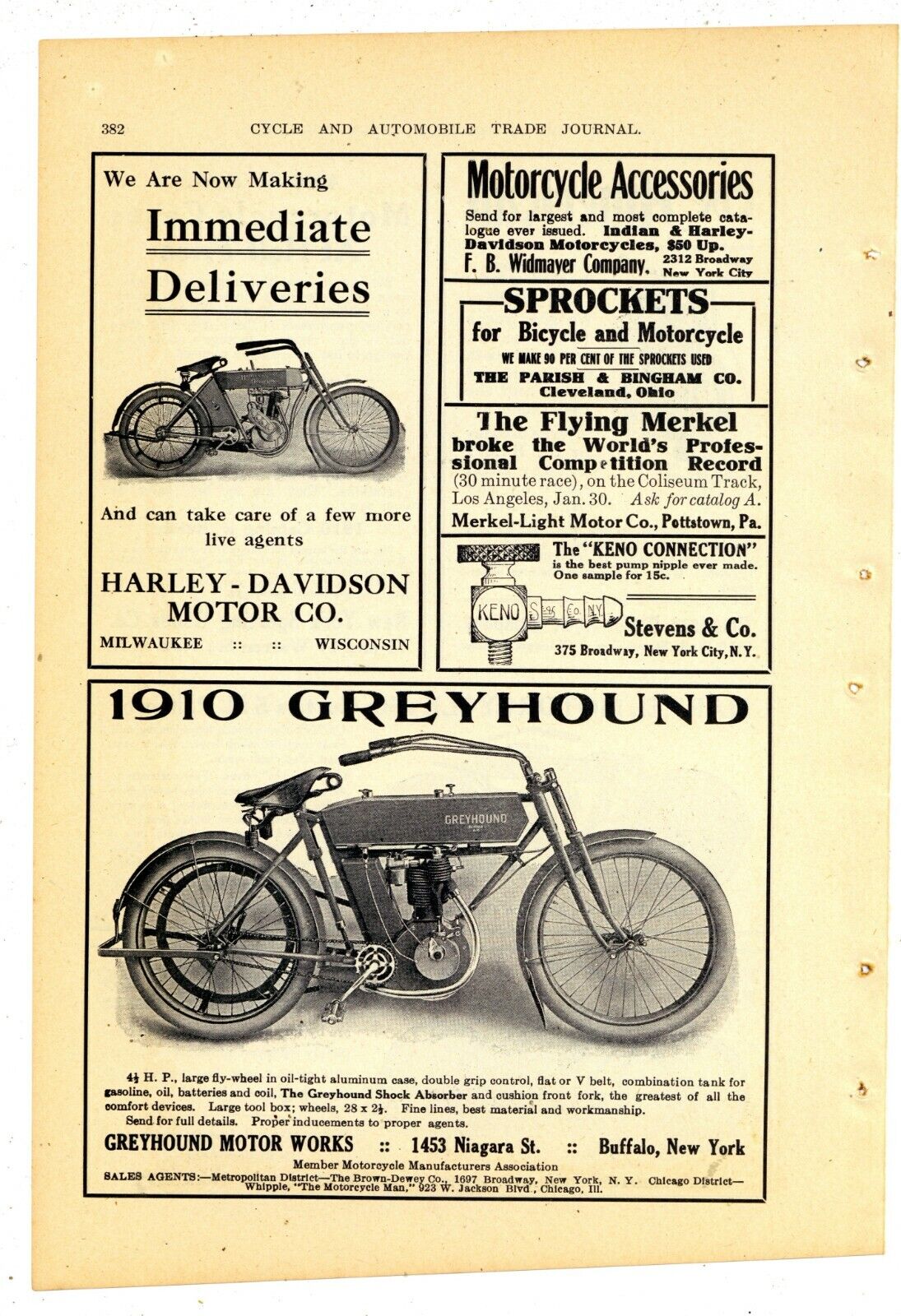 1910 Harley Davidson & Greyhound Motorcycles Ads On Same Pg. Reverse 3 More Ads