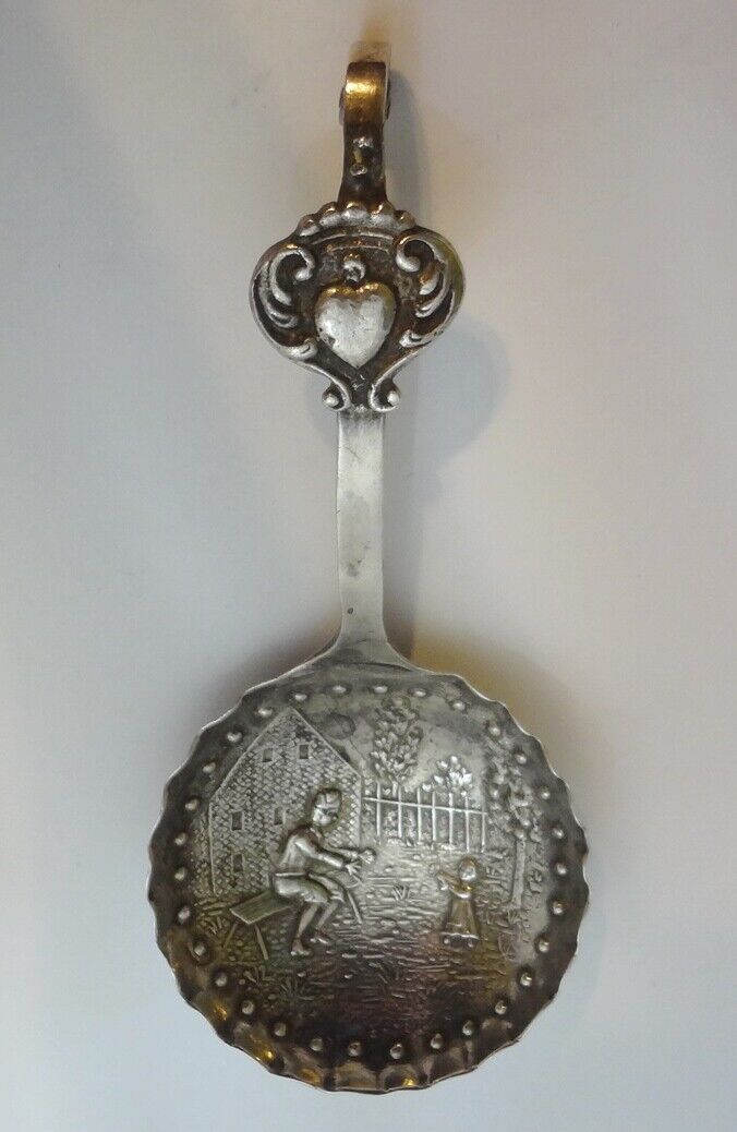 Antique Dutch Silver Hallmarked Repousse Monkey Spoon Scenic Father & Child