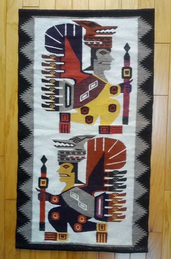 Vintage Peruvian Aztec Inca Warriors Priests Figures Rug Tapestry Wool