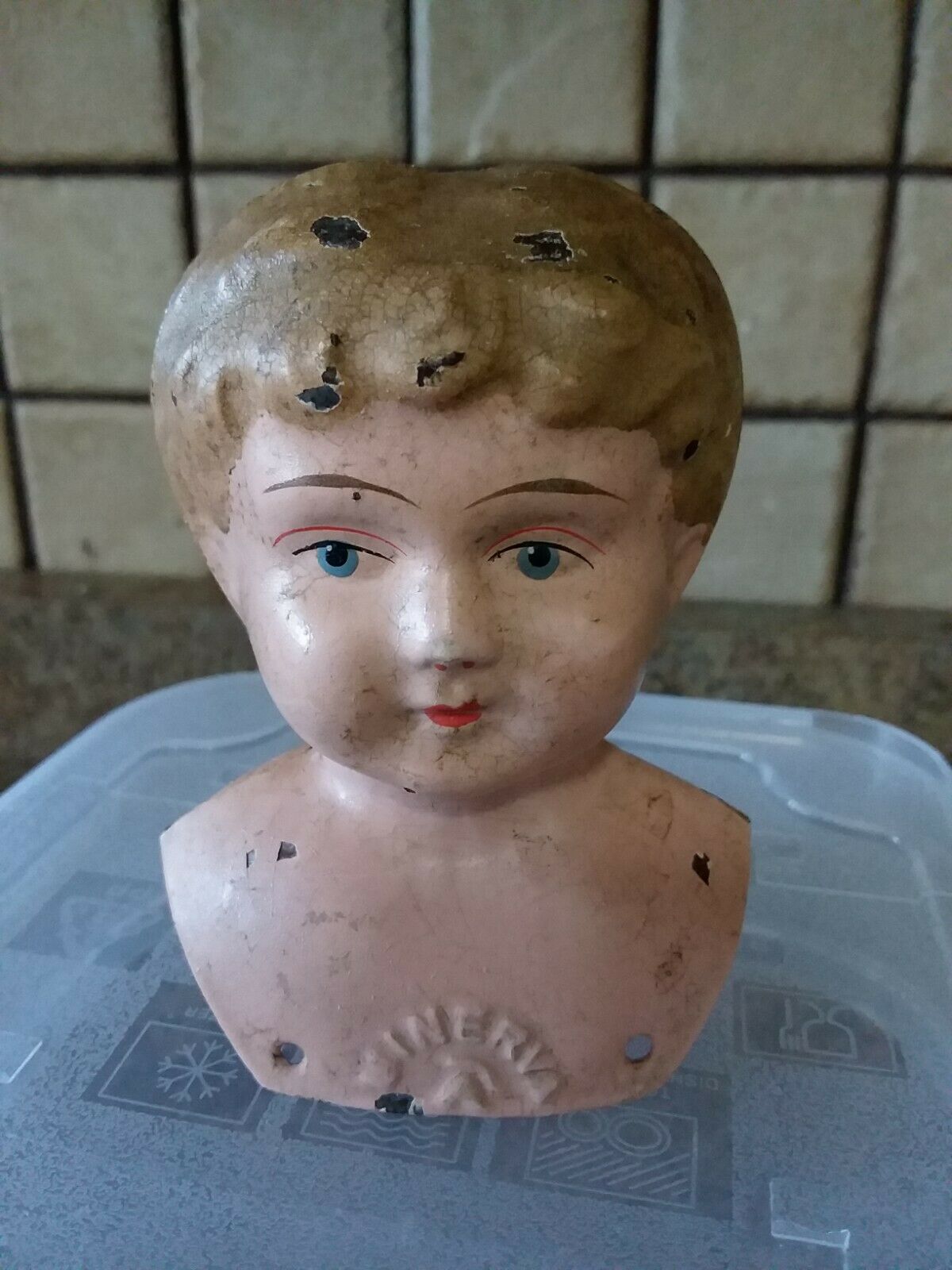 Antique Minerva #2    3 1/2" Metal Tin Doll Head & Shoulders Germany Needs Tlc 2