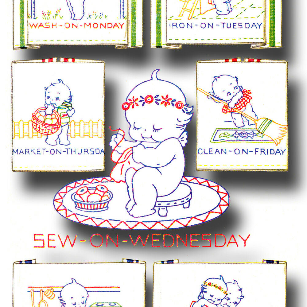 Vintage Kewpie Dow Days Of The Week Tea Towels Embroidery Pattern