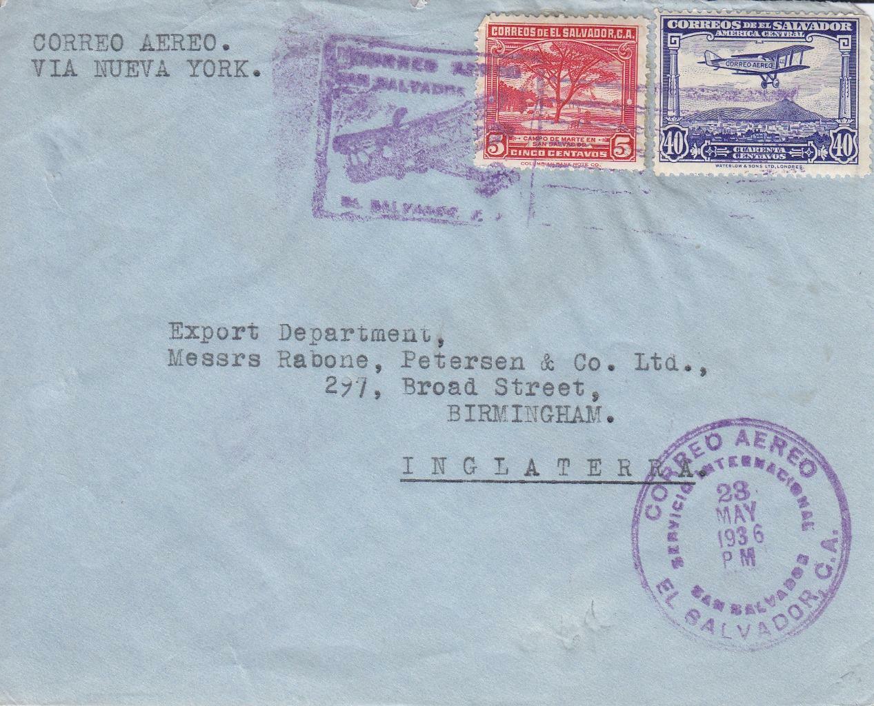 El Salvador To Birmingham, England, Airmail, 1936, (21582)
