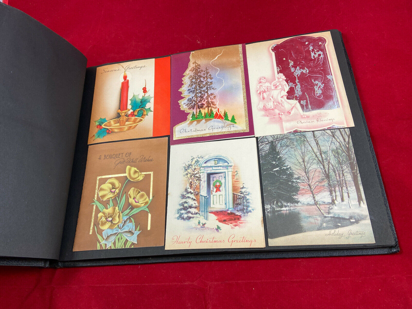Vintage Scrapbook Filled W/ 107 Greeting Cards, Christmas Holiday, 1930-1950’s