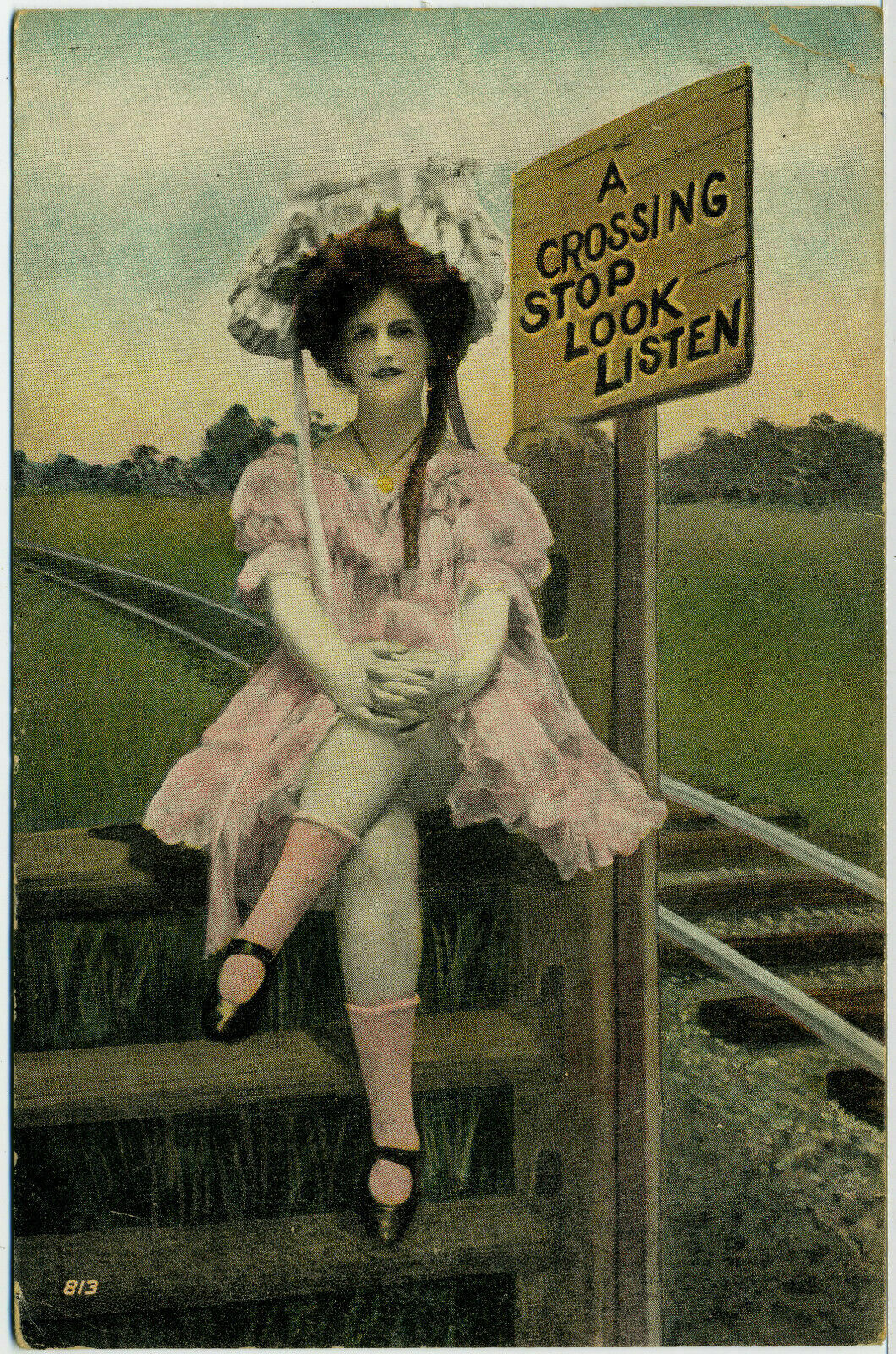 Railway Crossing Sign 1910 Postmark Vtg Post Card "a Crossing, Stop-look-listen"