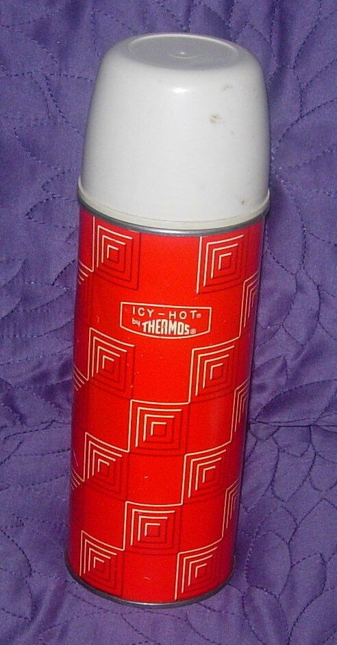Vintage Tall Metal Thermos Bottle  Red Pyramid Pattern  King Seeley  2210