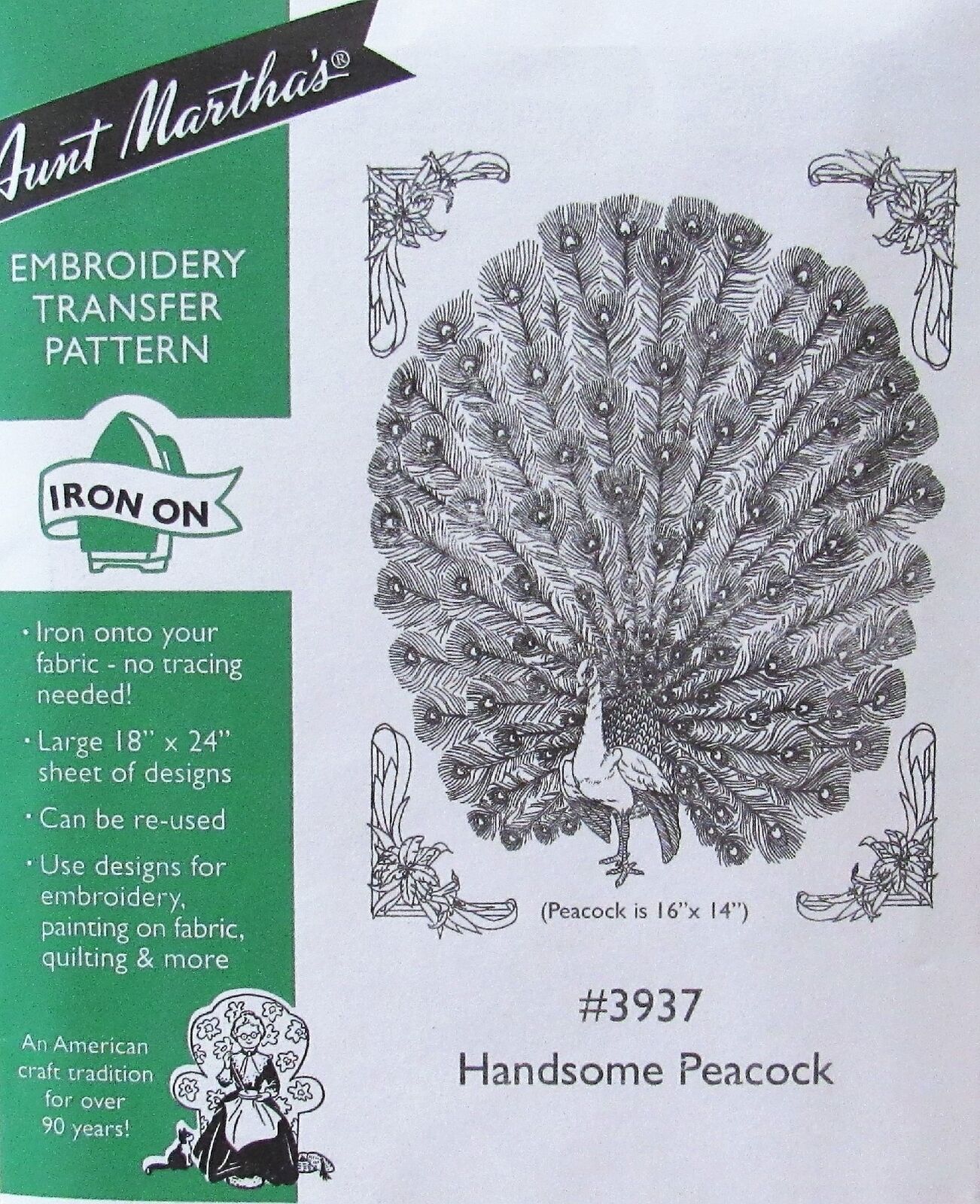 Aunt Martha's 3937 Handsome Peacock Large Design Embroidery Transfer Pattern New