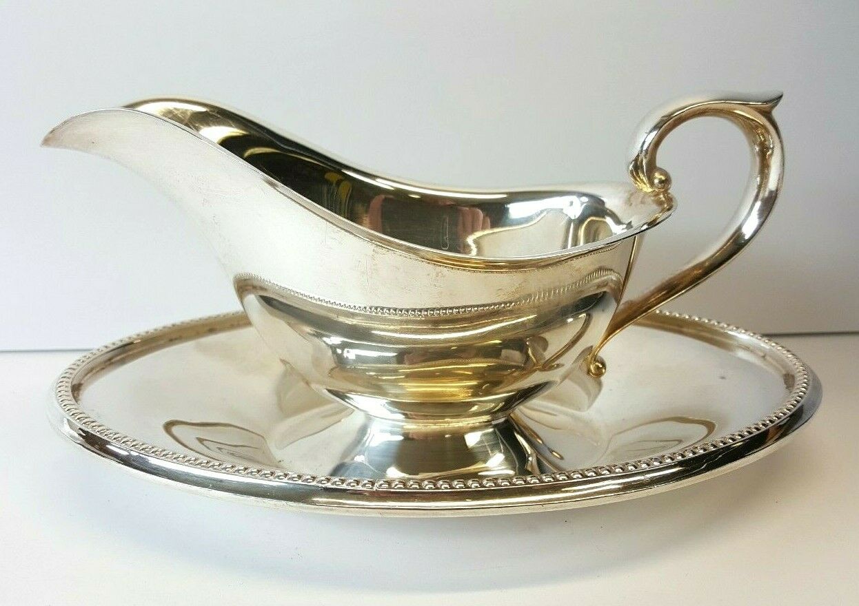 Gorham Ep Silverplate Hollowware Gravy Boat Attached Underplate Yc1239 Ribbed