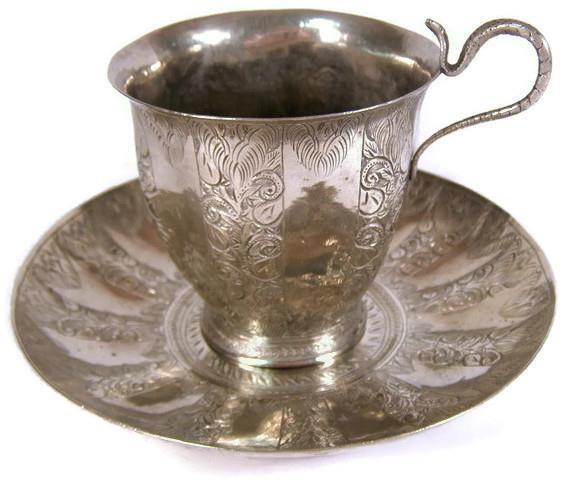 Antique Indian Silver Chased Cobra Snake Handle Cup & Saucer Islamic Influence