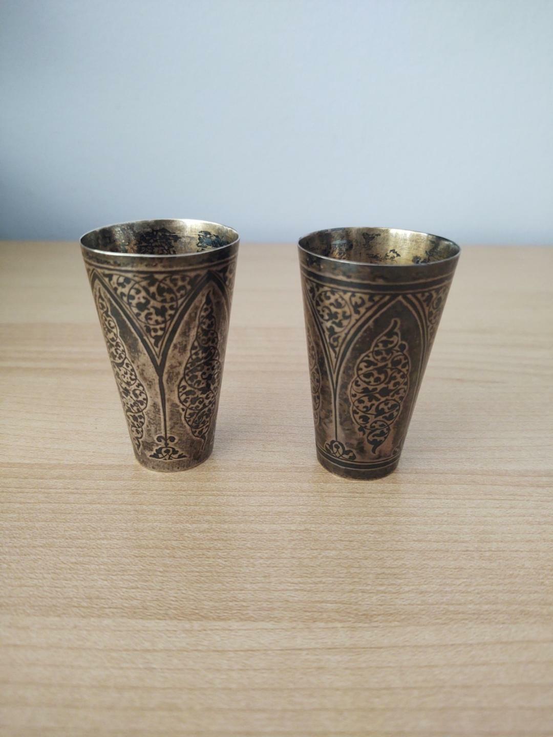 Vintage Ukraine Ussr 875 Sterling Silver Gilted Niello Shot Glass Cup Set Of 2