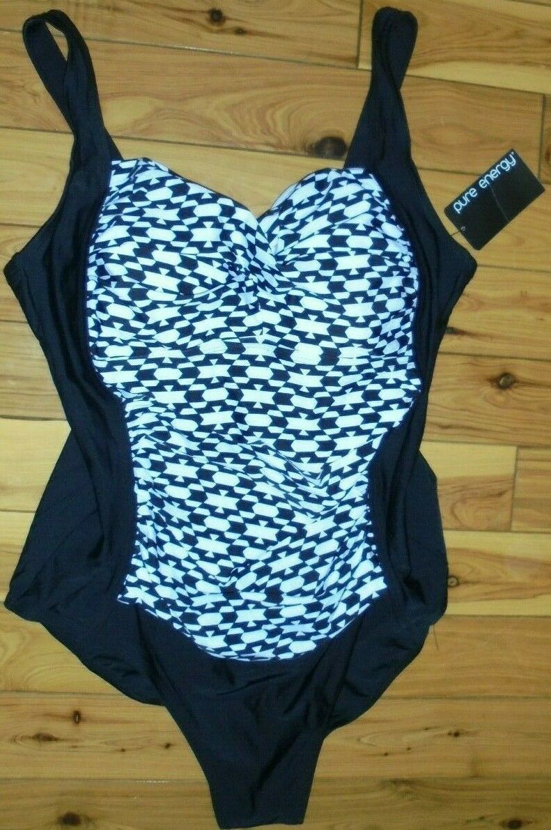 Nwt Pure Energy Ladies One-piece Black/white Ruched Wide Strap Bathing Suit 20w