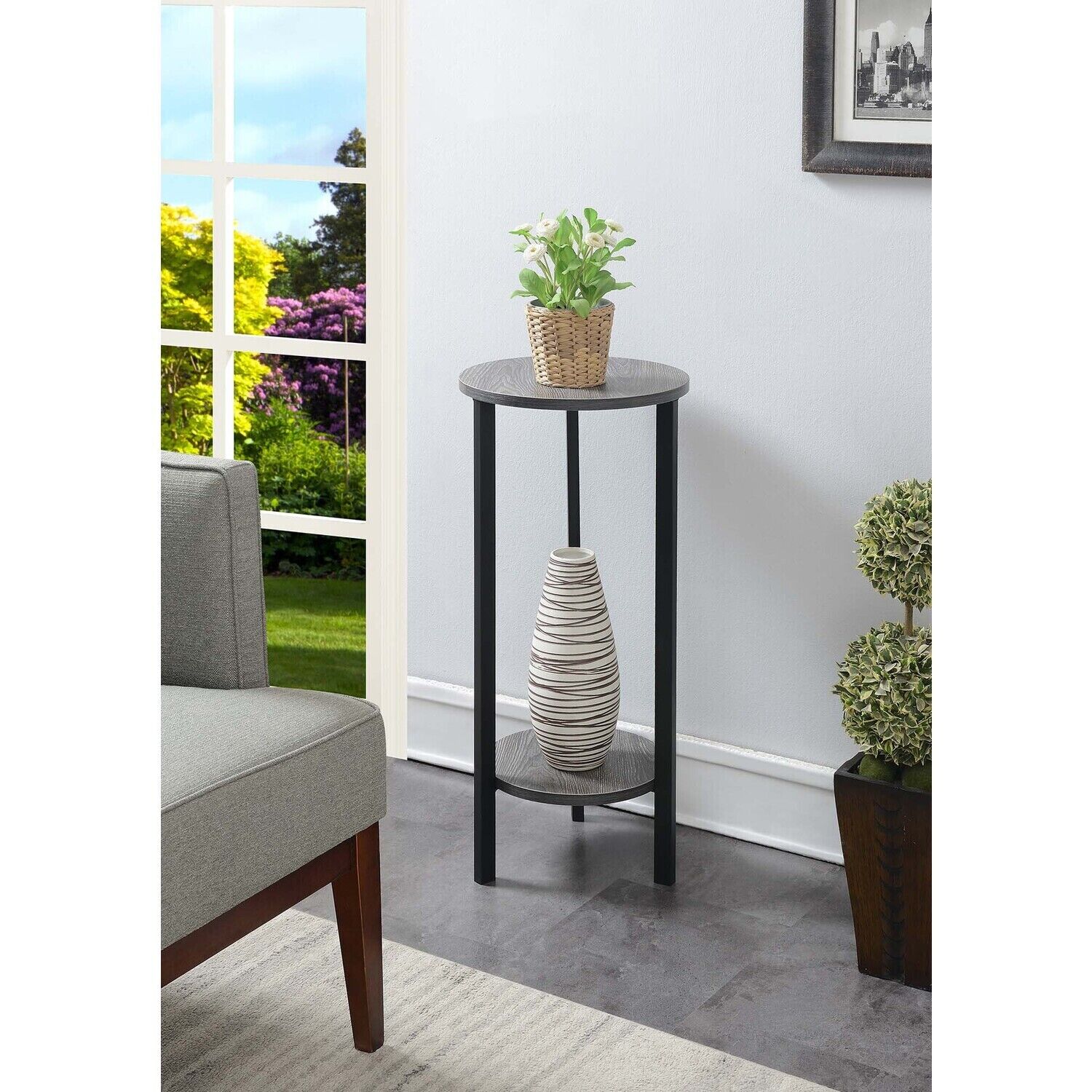 Convenience Concepts Graystone 31 Inch 2 Tier Plant Stand Weathered Gray/black
