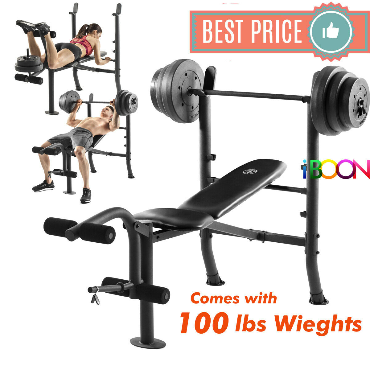 Adjustable Lifting Weight Bench Set With Weights And Bar 100 Press Workout Flat