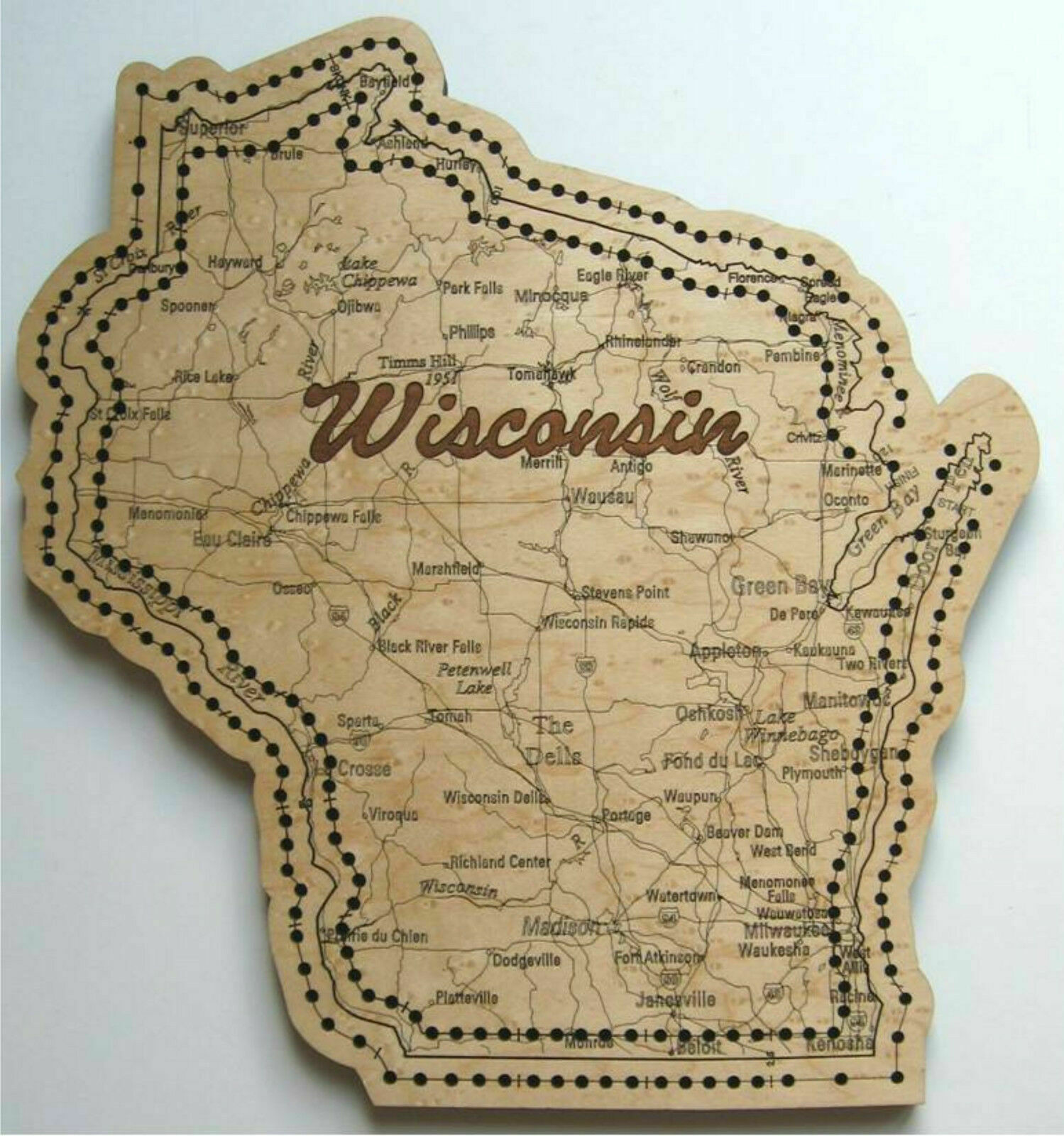 Wisconsin State Shaped Road Map Cribbage Board Two Track