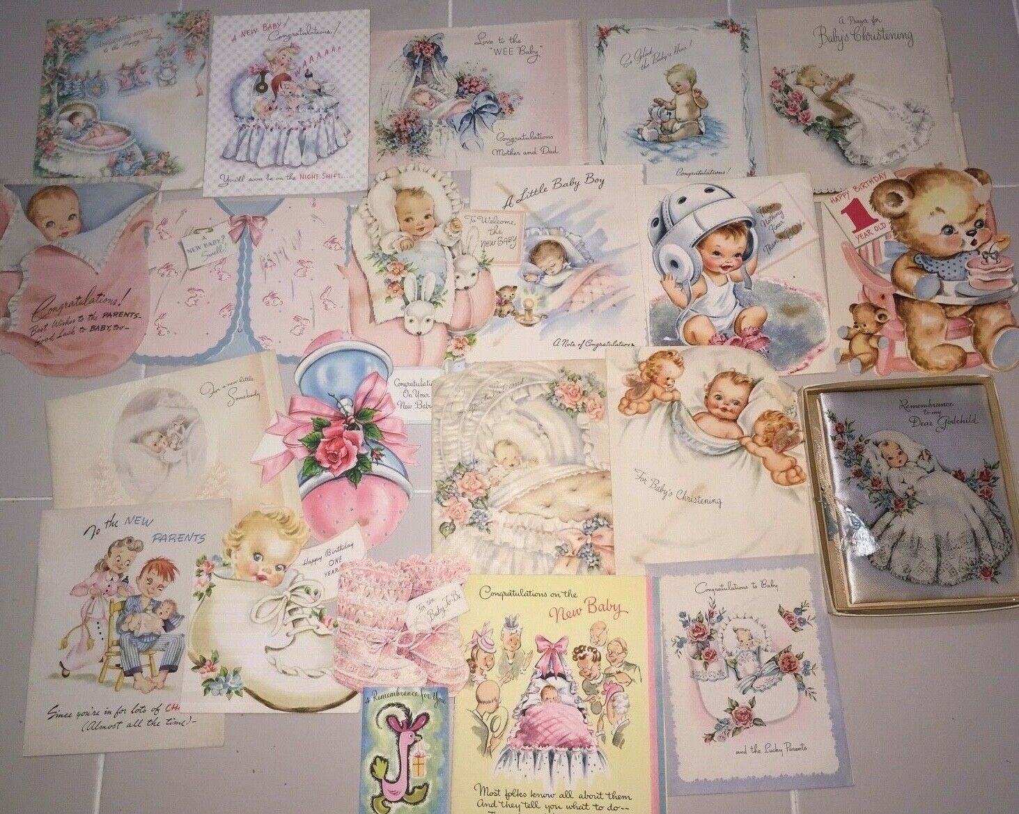 Lot Of 20+ Vintage Used Mid Century Baby~ Christening~ Birth Card Lot