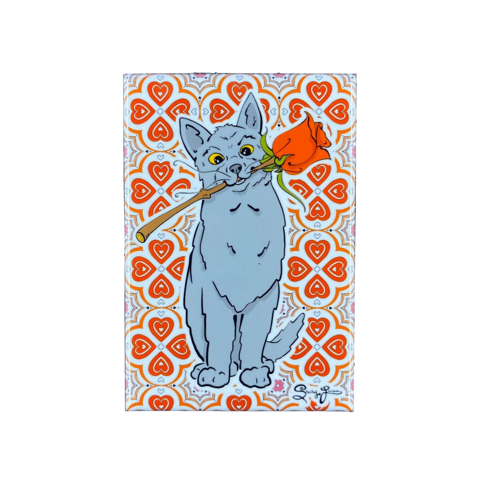 Gray Cat Rose Magnet Handmade Valentines Day Gift Retro Holiday Art Decor