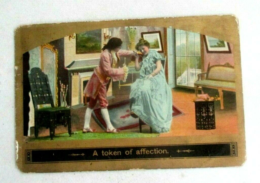1910 Prelinen Romance Postcard Of "a Token Of Affection" With Metallic Gold Bord