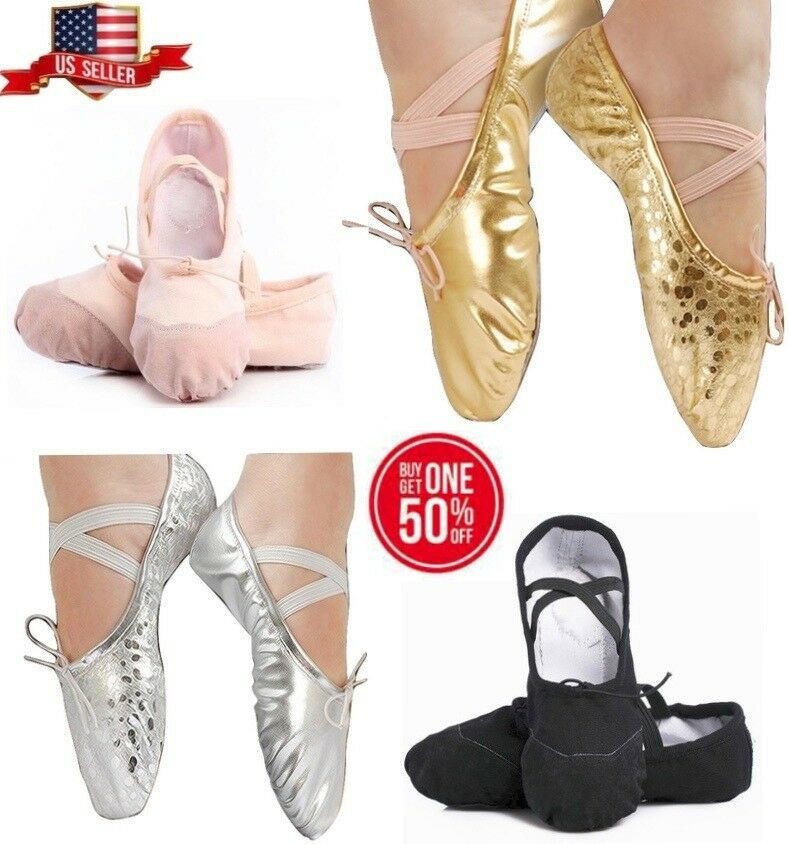 Girls Lballet Dance Gymnastics Yoga Slipper Shoes Gold Silver Leather Black Pink
