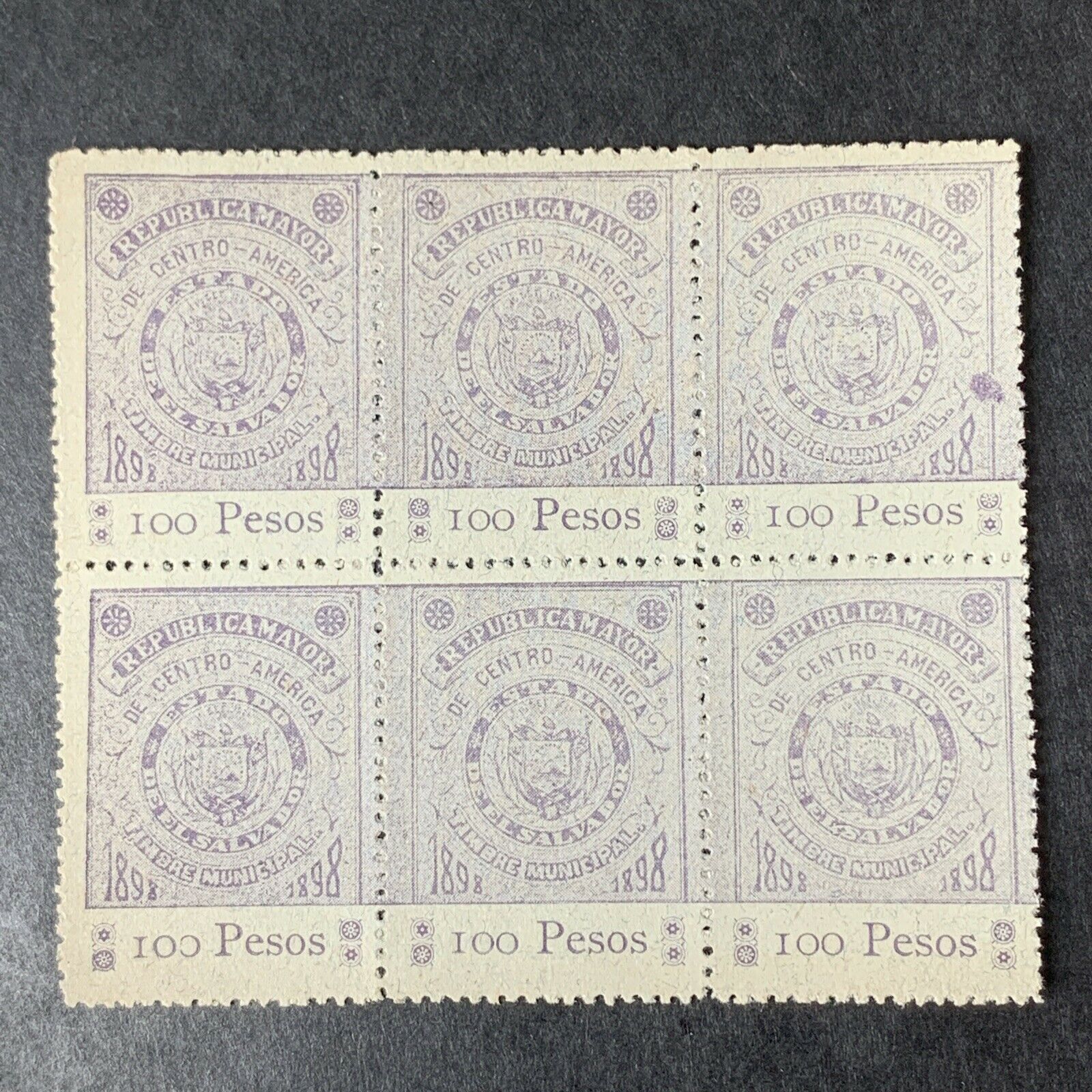 O8/12 El Salvador Stamp Revenue 1898 100 Peso Blocks Of 6 Mnhngai Very Rare