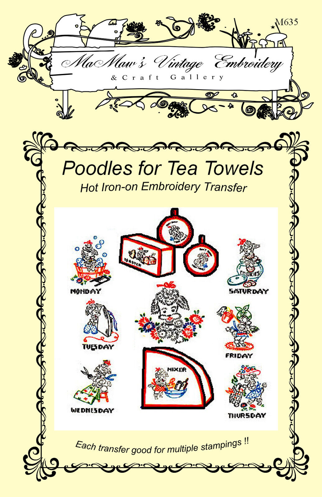 M119 Kitchen Poodles Towels Dow Embroidery Hot Iron Transfer Pattern