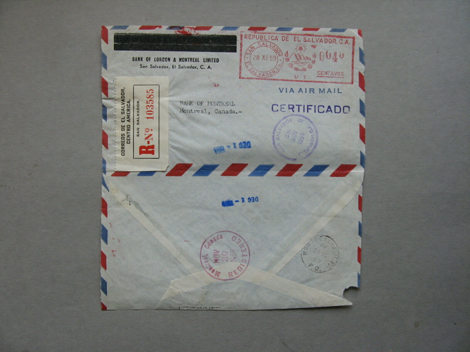El Salvador, R-cover To Canada 1959, Meterstamp