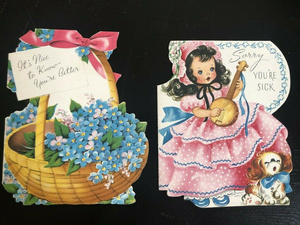 Lot 2 Vtg Diecut Get Well Cards 1940s-50s One Unsigned