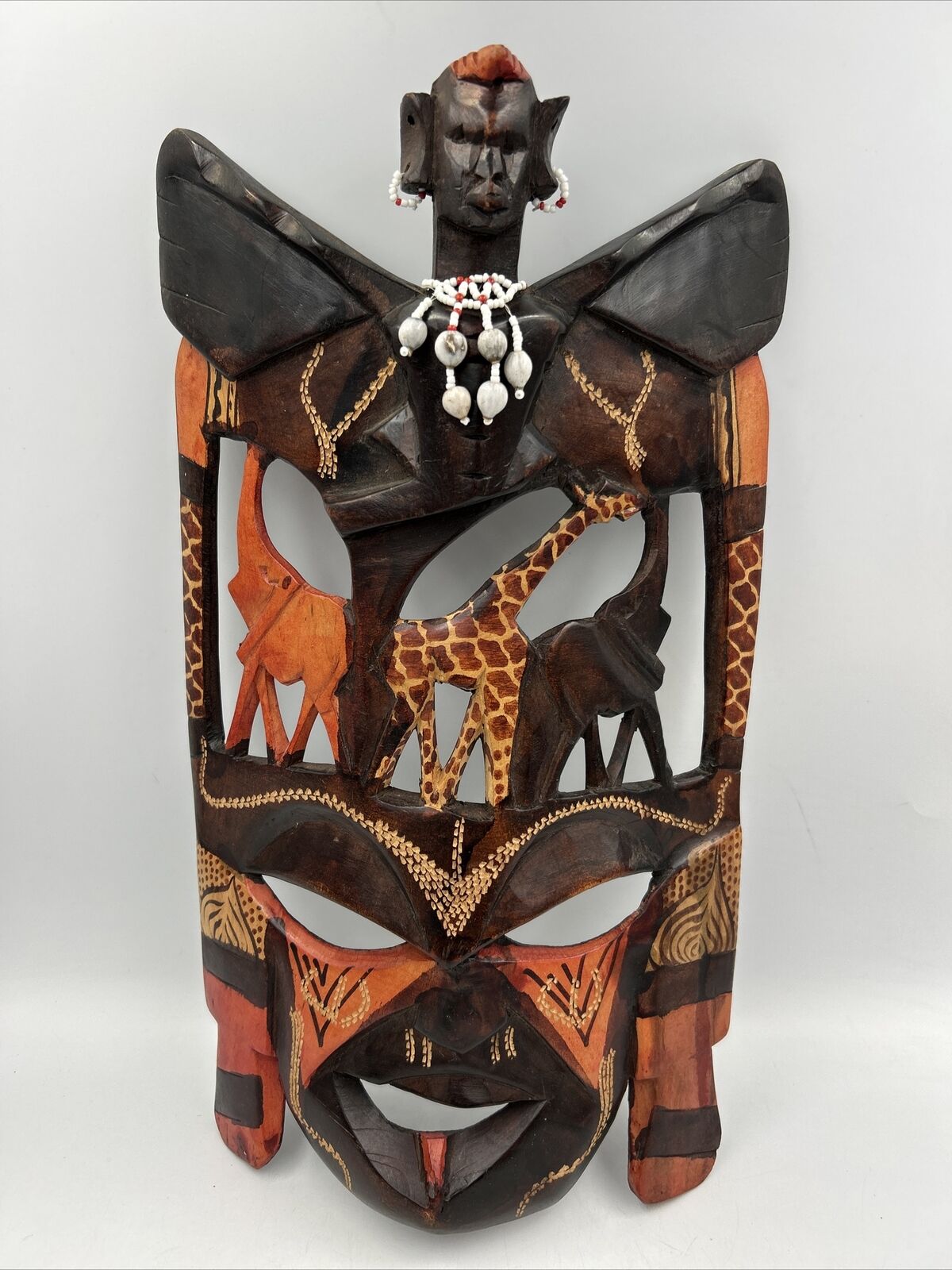 Handmade African Maasai Mask- Elephants Giraffes Beads So Beautiful 15"x8"