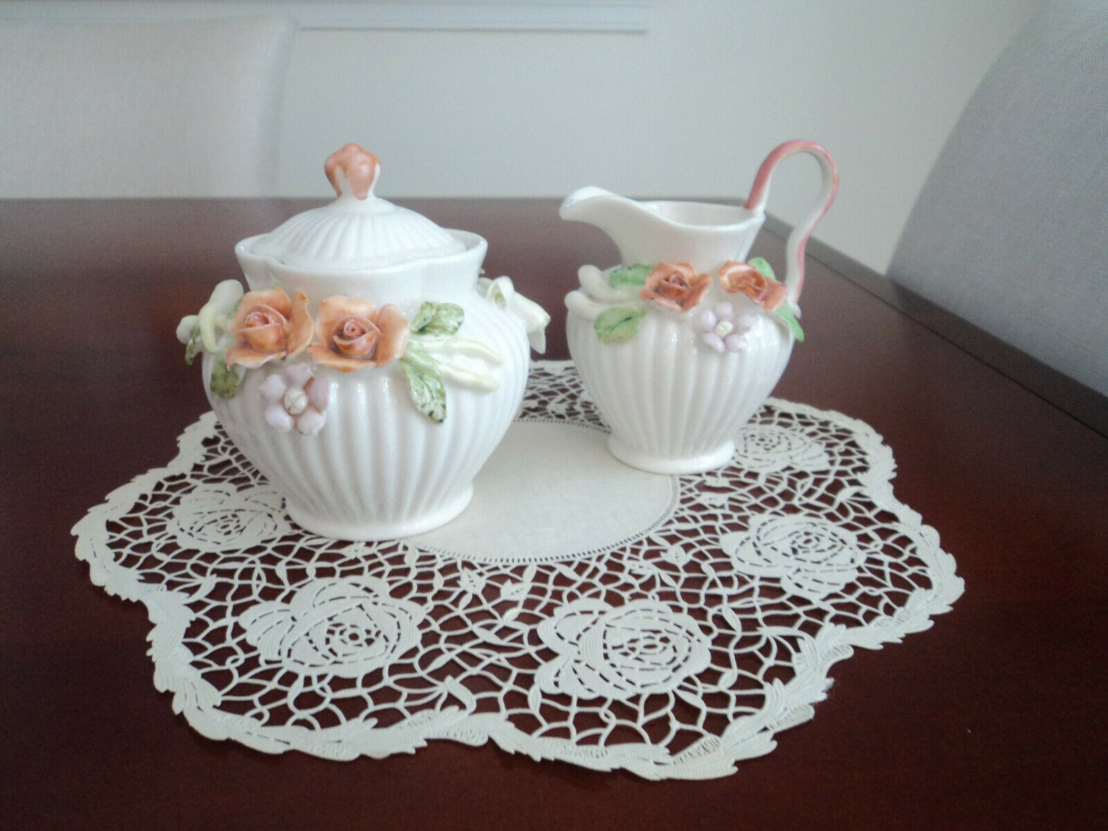 Handpainted White Porcelain W Luster Peach Roses Cream And Sugar Set