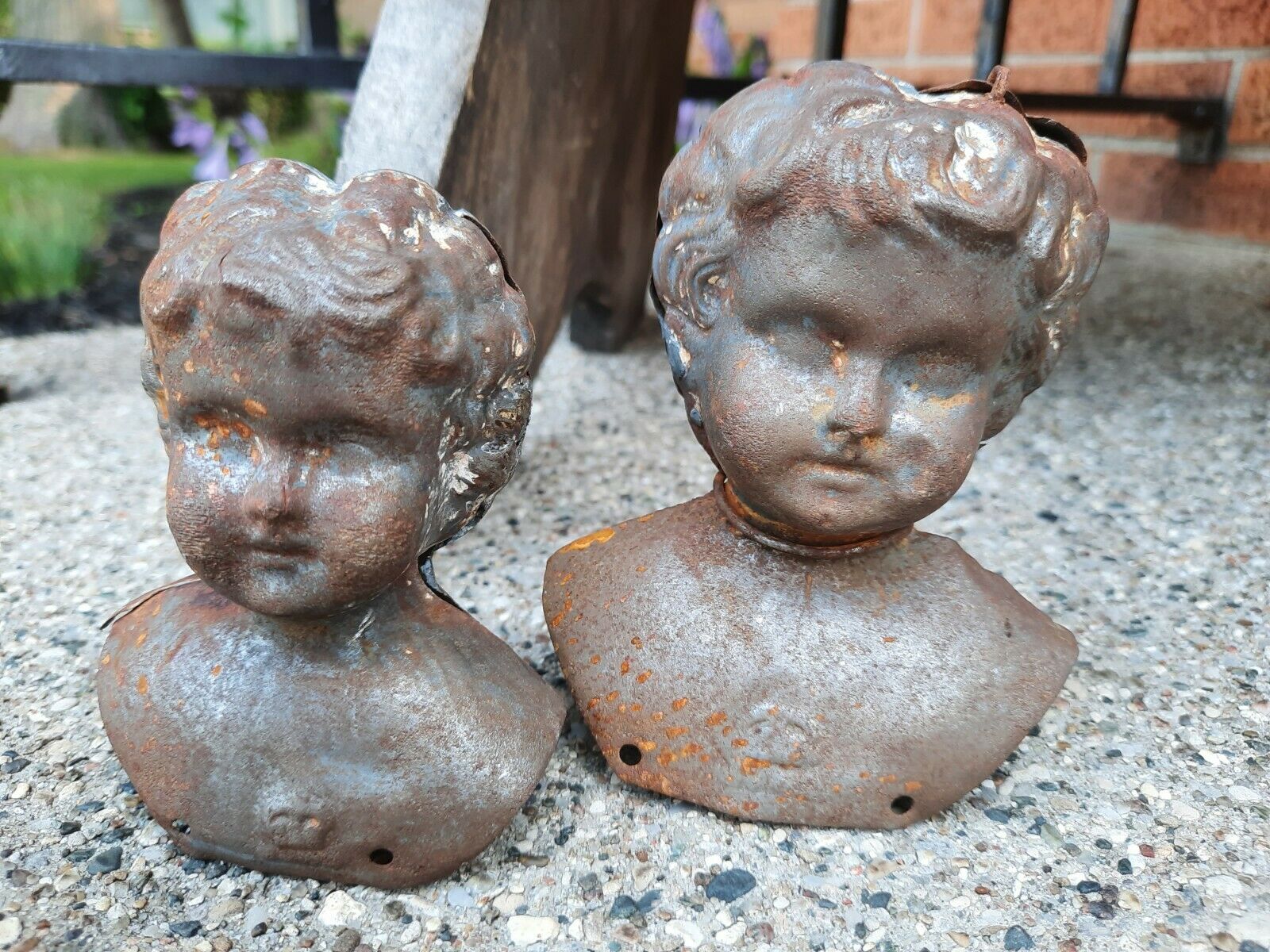 2 Antique Metal Tin Doll Heads W/shoulders Germany Bust No Paint Early Primitive
