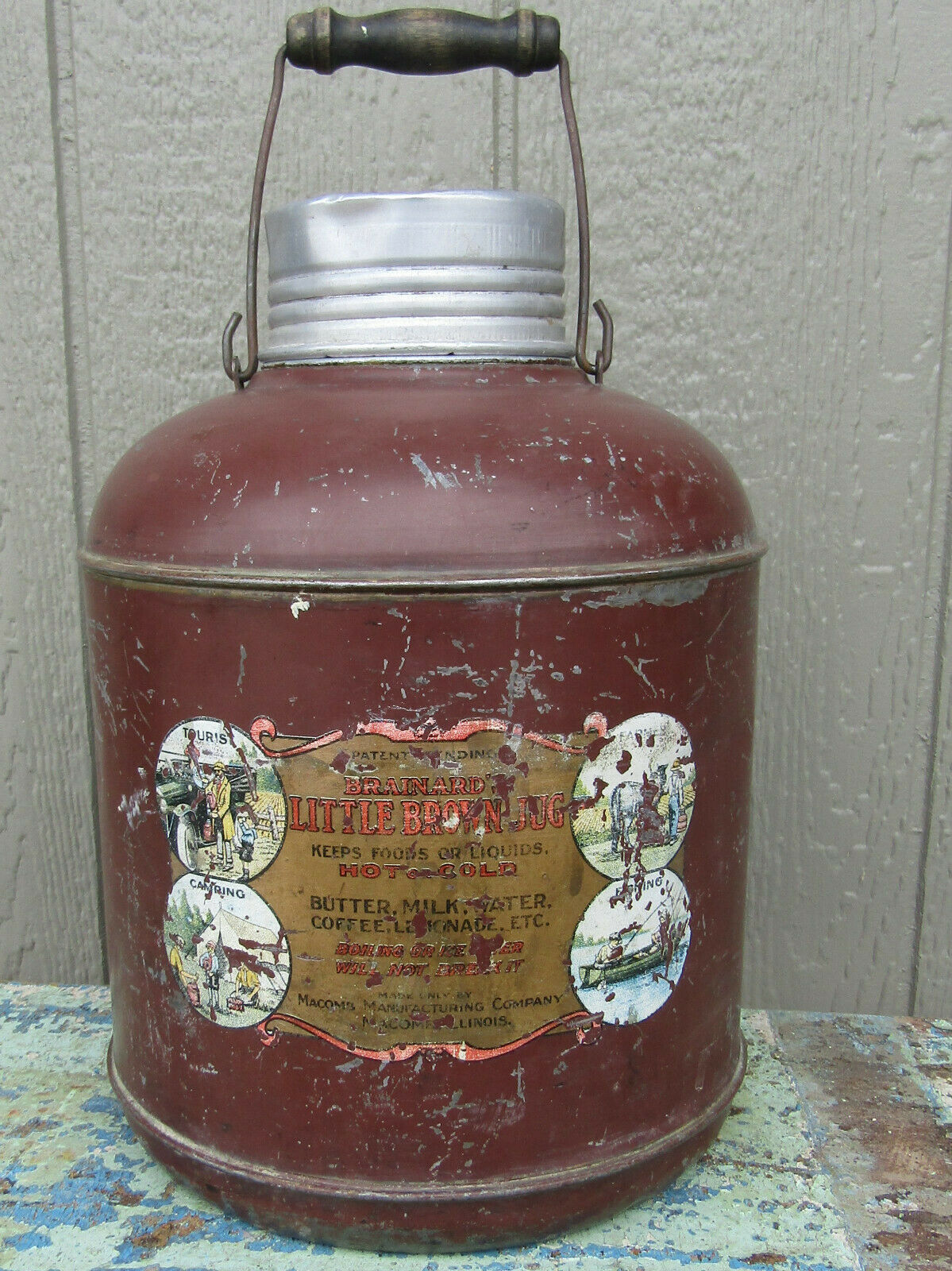 Vtg Authentic Brainards Crockery Lined Little Brown Jug Water Thermos Macomb