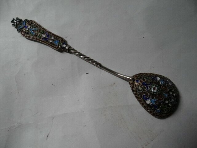 Fine Antique 84 Silver Multicolored Enamel Serving Spoon