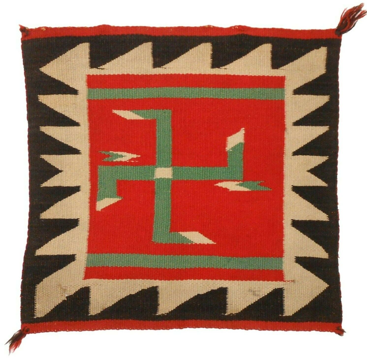 Rare Early 20th C Navajo Nat Am Sm 18"x18" Red/sepia/cream/grn Hnd Wvn Wool Rug